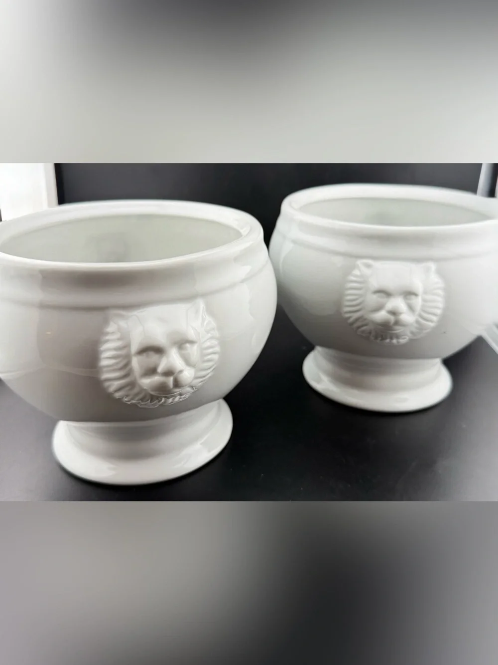 2 Sur La Table lion head handles soup bowls. Large. White porcelain. 38 oz